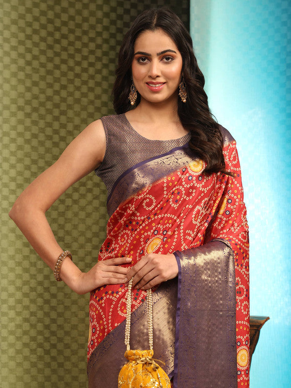 Red Silk Blend Digital Print Bandhani Saree with Unstitched Blouse - Hiral Fashion