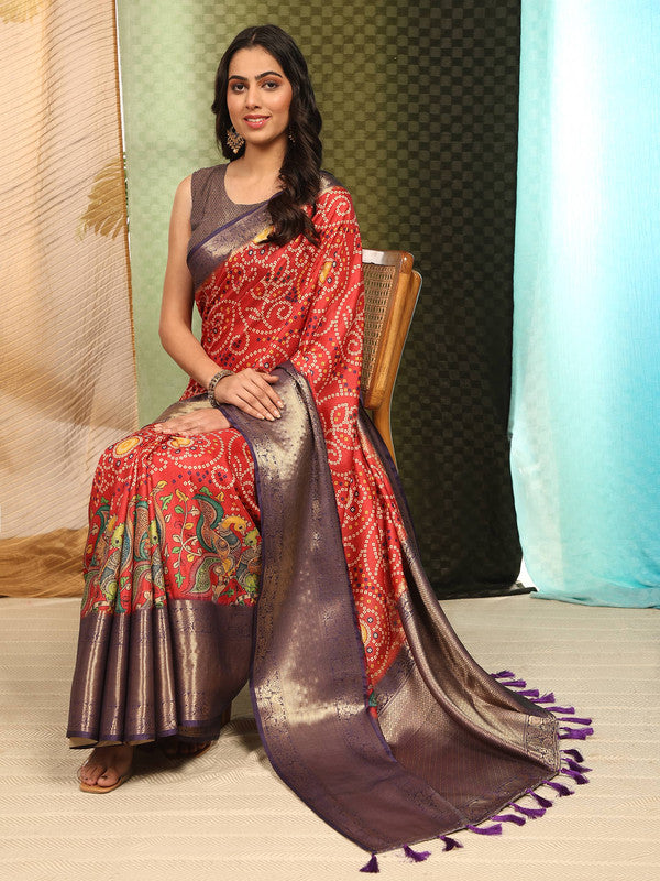 Red Silk Blend Digital Print Bandhani Saree with Unstitched Blouse - Hiral Fashion