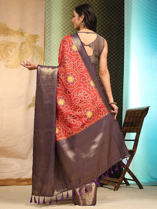 Red Silk Blend Digital Print Bandhani Saree with Unstitched Blouse - Hiral Fashion