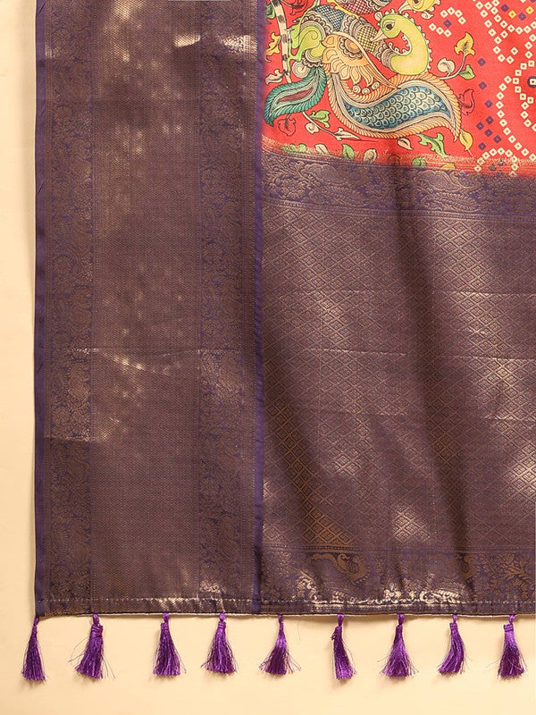 Red Silk Blend Digital Print Bandhani Saree with Unstitched Blouse - Hiral Fashion
