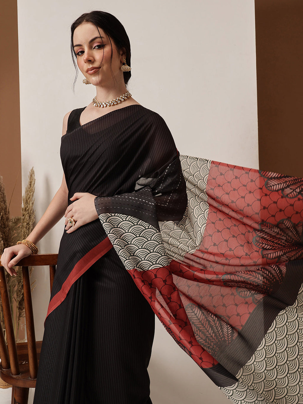 Hiral Fashion Black Bollywood Mul Cotton Stripes Digital Printed Saree