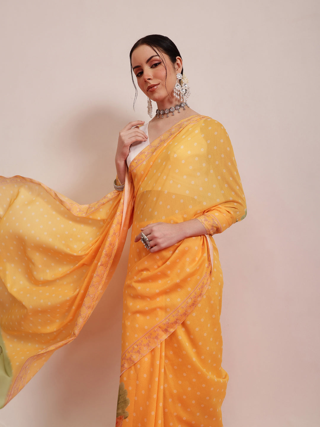 Hiral Fashion Mustard Bollywood Mul Cotton Polka Dots Digital Printed Saree
