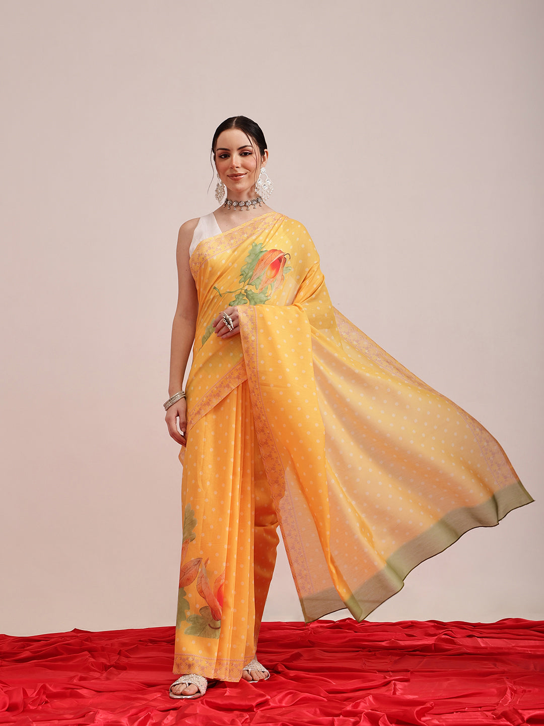 Hiral Fashion Mustard Bollywood Mul Cotton Polka Dots Digital Printed Saree