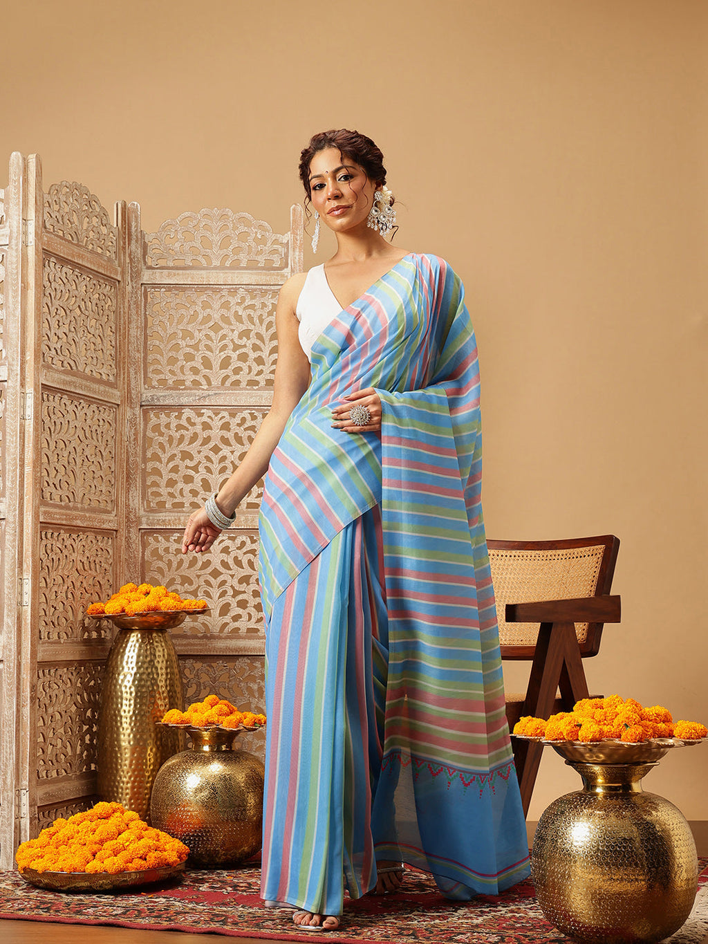 Hiral Fashion Blue Bollywood Mul Cotton Lahariya Digital Printed Saree