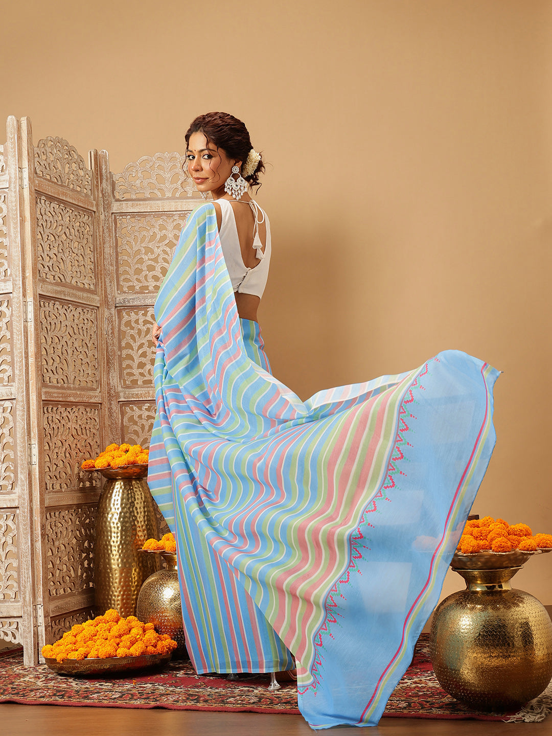 Hiral Fashion Blue Bollywood Mul Cotton Lahariya Digital Printed Saree