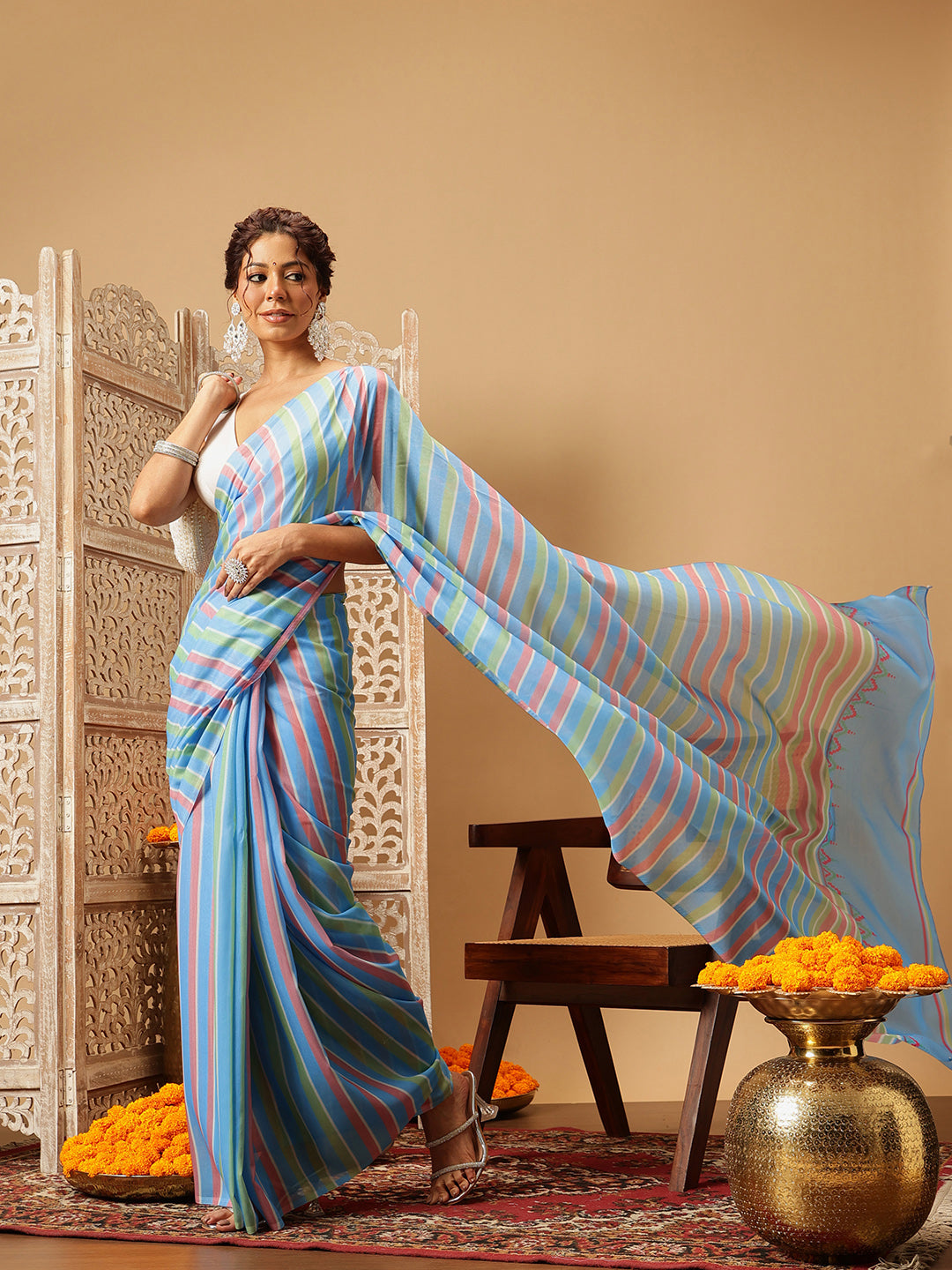 Hiral Fashion Blue Bollywood Mul Cotton Lahariya Digital Printed Saree