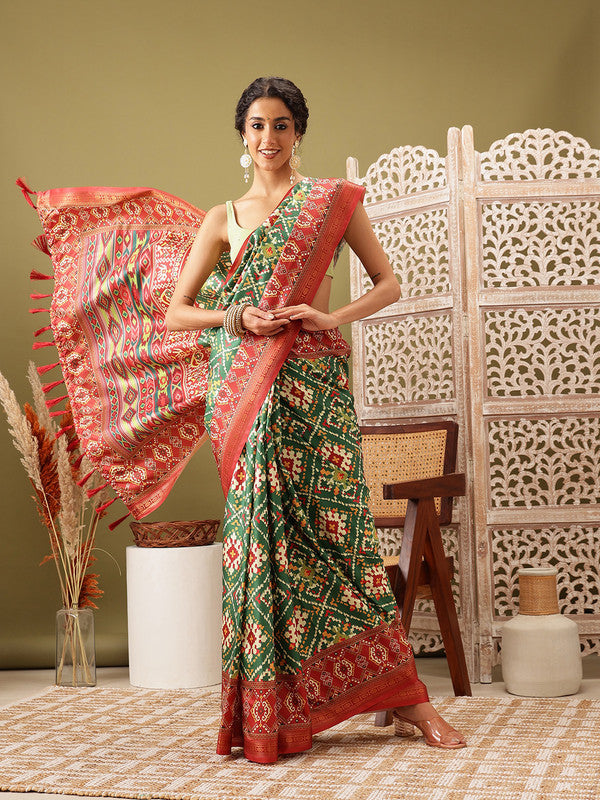 Green Silk Blend Digital Print Ikkat Saree with Unstitched Blouse - Hiral Fashion
