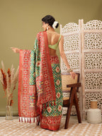 Green Silk Blend Digital Print Ikkat Saree with Unstitched Blouse - Hiral Fashion