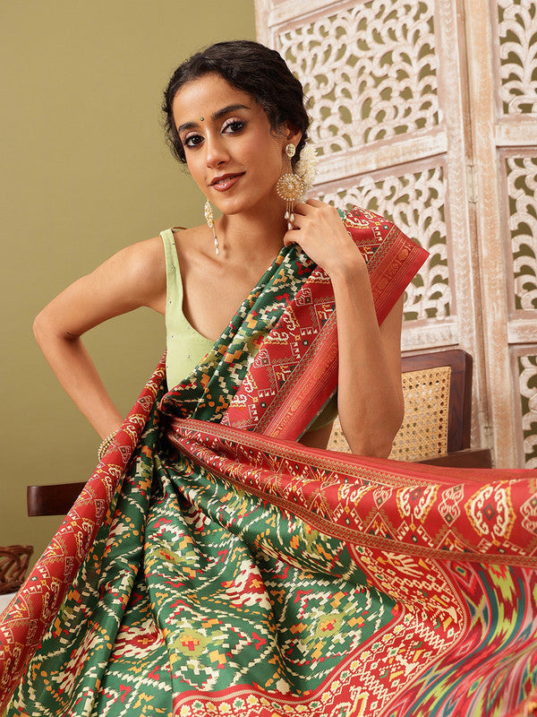 Green Silk Blend Digital Print Ikkat Saree with Unstitched Blouse - Hiral Fashion