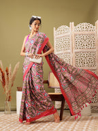 Olive Silk Blend Digital Print Ikkat Saree with Unstitched Blouse - Hiral Fashion