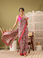 Olive Silk Blend Digital Print Ikkat Saree with Unstitched Blouse - Hiral Fashion