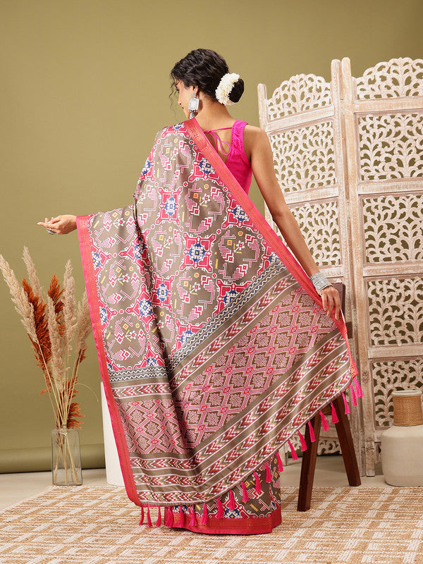 Olive Silk Blend Digital Print Ikkat Saree with Unstitched Blouse - Hiral Fashion