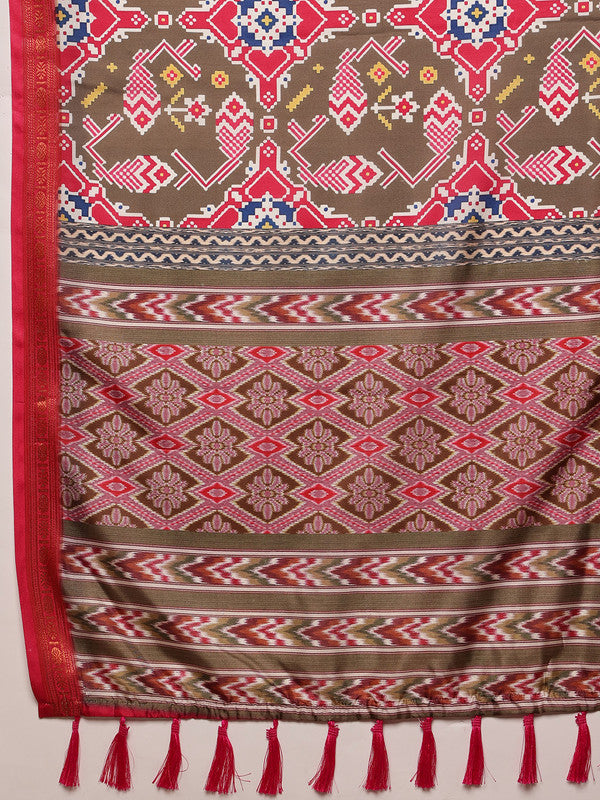 Olive Silk Blend Digital Print Ikkat Saree with Unstitched Blouse - Hiral Fashion