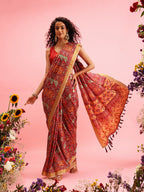 Maroon Silk Blend Digital Print Ikkat Saree with Unstitched Blouse - Hiral Fashion