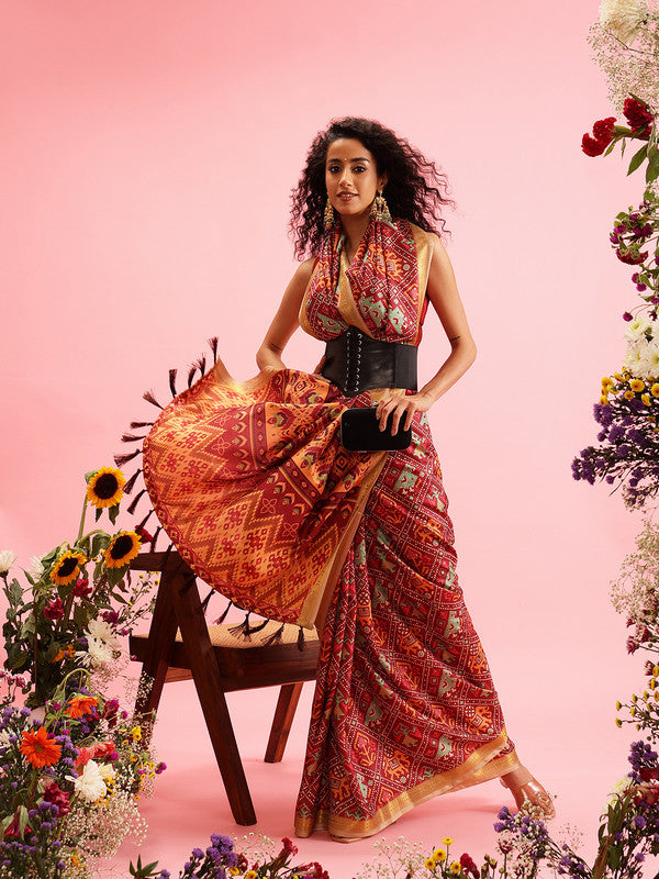 Maroon Silk Blend Digital Print Ikkat Saree with Unstitched Blouse - Hiral Fashion