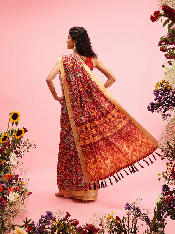 Maroon Silk Blend Digital Print Ikkat Saree with Unstitched Blouse - Hiral Fashion