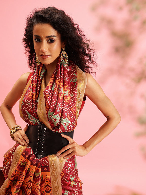 Maroon Silk Blend Digital Print Ikkat Saree with Unstitched Blouse - Hiral Fashion