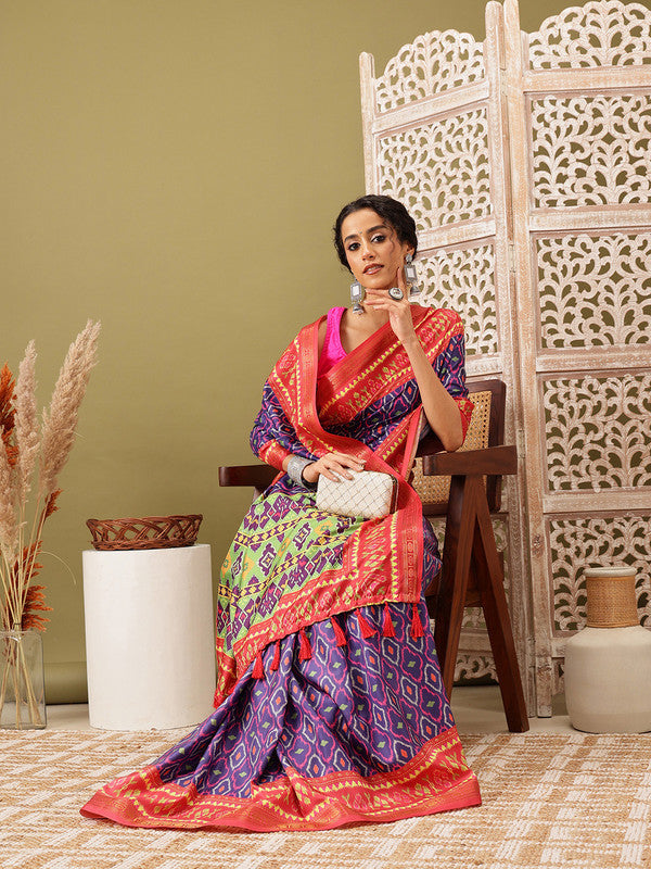Royal Blue Silk Blend Digital Print Ikkat Saree with Unstitched Blouse - Hiral Fashion