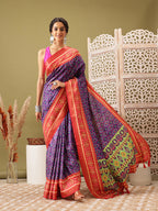 Royal Blue Silk Blend Digital Print Ikkat Saree with Unstitched Blouse - Hiral Fashion