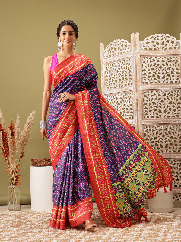 Royal Blue Silk Blend Digital Print Ikkat Saree with Unstitched Blouse - Hiral Fashion