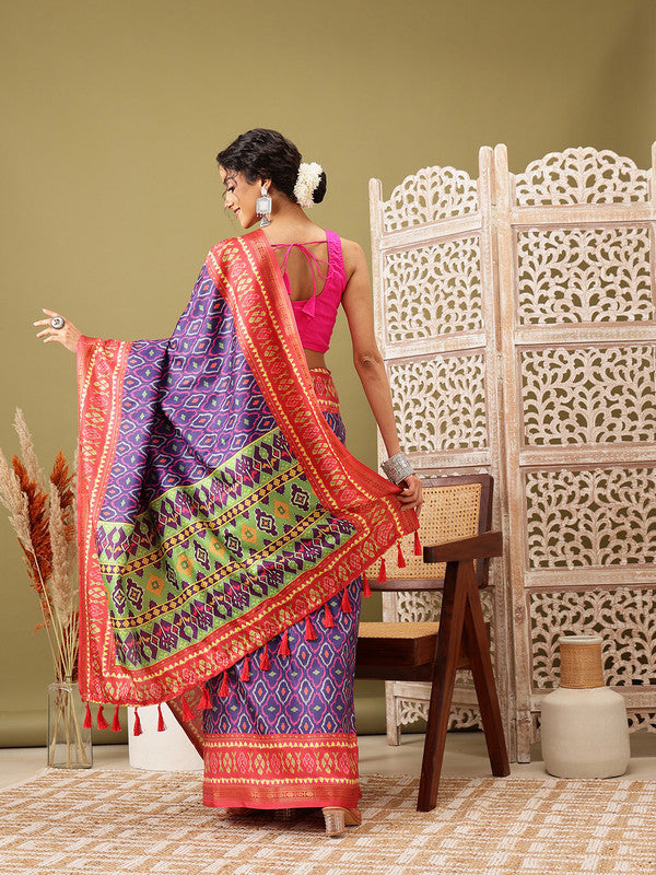 Royal Blue Silk Blend Digital Print Ikkat Saree with Unstitched Blouse - Hiral Fashion