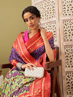 Royal Blue Silk Blend Digital Print Ikkat Saree with Unstitched Blouse - Hiral Fashion