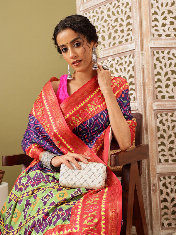 Royal Blue Silk Blend Digital Print Ikkat Saree with Unstitched Blouse - Hiral Fashion