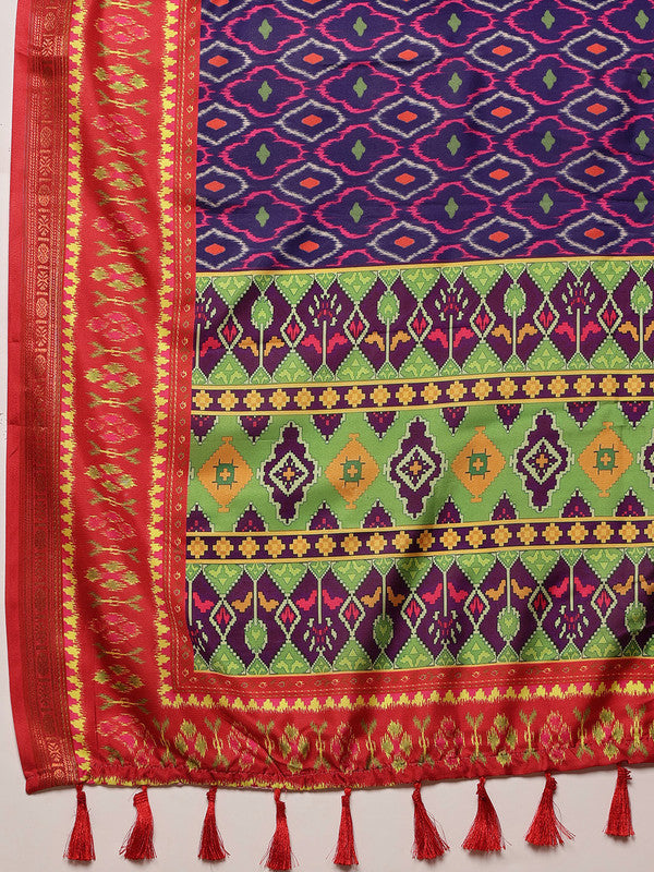 Royal Blue Silk Blend Digital Print Ikkat Saree with Unstitched Blouse - Hiral Fashion