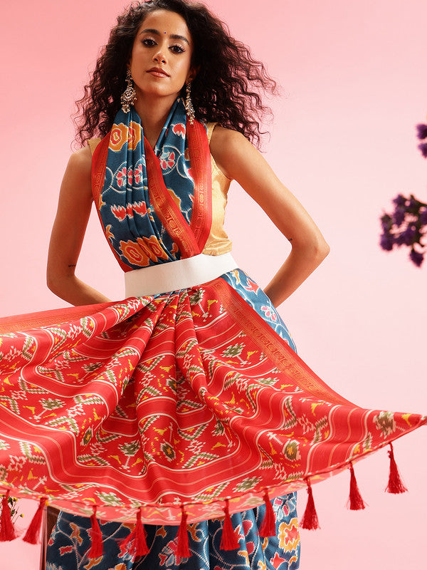 Turquoise Silk Blend Digital Print Ikkat Saree with Unstitched Blouse - Hiral Fashion