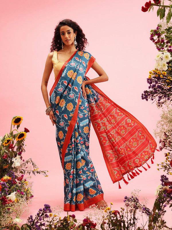 Turquoise Silk Blend Digital Print Ikkat Saree with Unstitched Blouse - Hiral Fashion