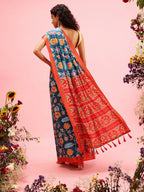 Turquoise Silk Blend Digital Print Ikkat Saree with Unstitched Blouse - Hiral Fashion