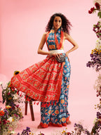 Turquoise Silk Blend Digital Print Ikkat Saree with Unstitched Blouse - Hiral Fashion