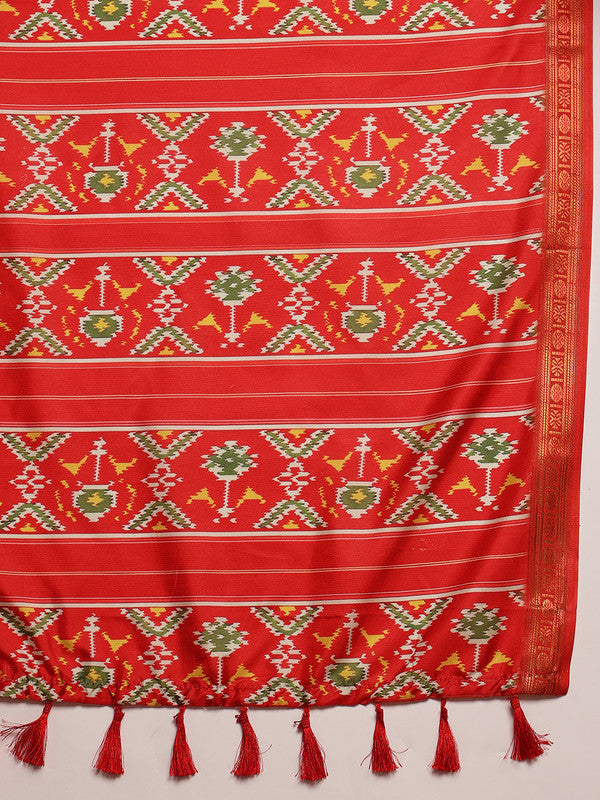 Turquoise Silk Blend Digital Print Ikkat Saree with Unstitched Blouse - Hiral Fashion