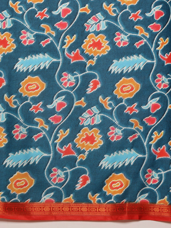 Turquoise Silk Blend Digital Print Ikkat Saree with Unstitched Blouse - Hiral Fashion