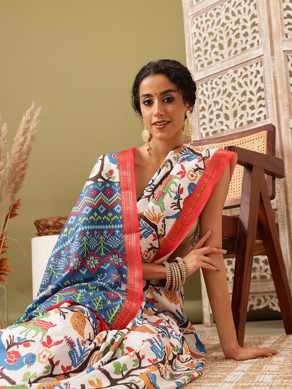White Silk Blend Digital Print Ikkat Saree with Unstitched Blouse - Hiral Fashion