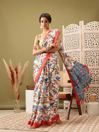 White Silk Blend Digital Print Ikkat Saree with Unstitched Blouse - Hiral Fashion