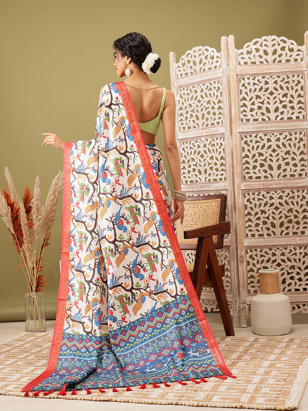 White Silk Blend Digital Print Ikkat Saree with Unstitched Blouse - Hiral Fashion