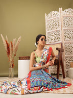 White Silk Blend Digital Print Ikkat Saree with Unstitched Blouse - Hiral Fashion
