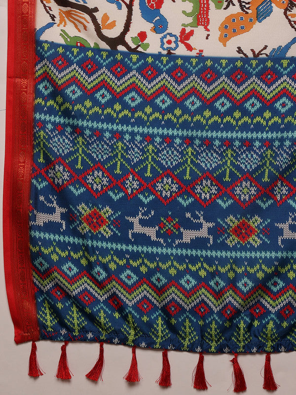 White Silk Blend Digital Print Ikkat Saree with Unstitched Blouse - Hiral Fashion