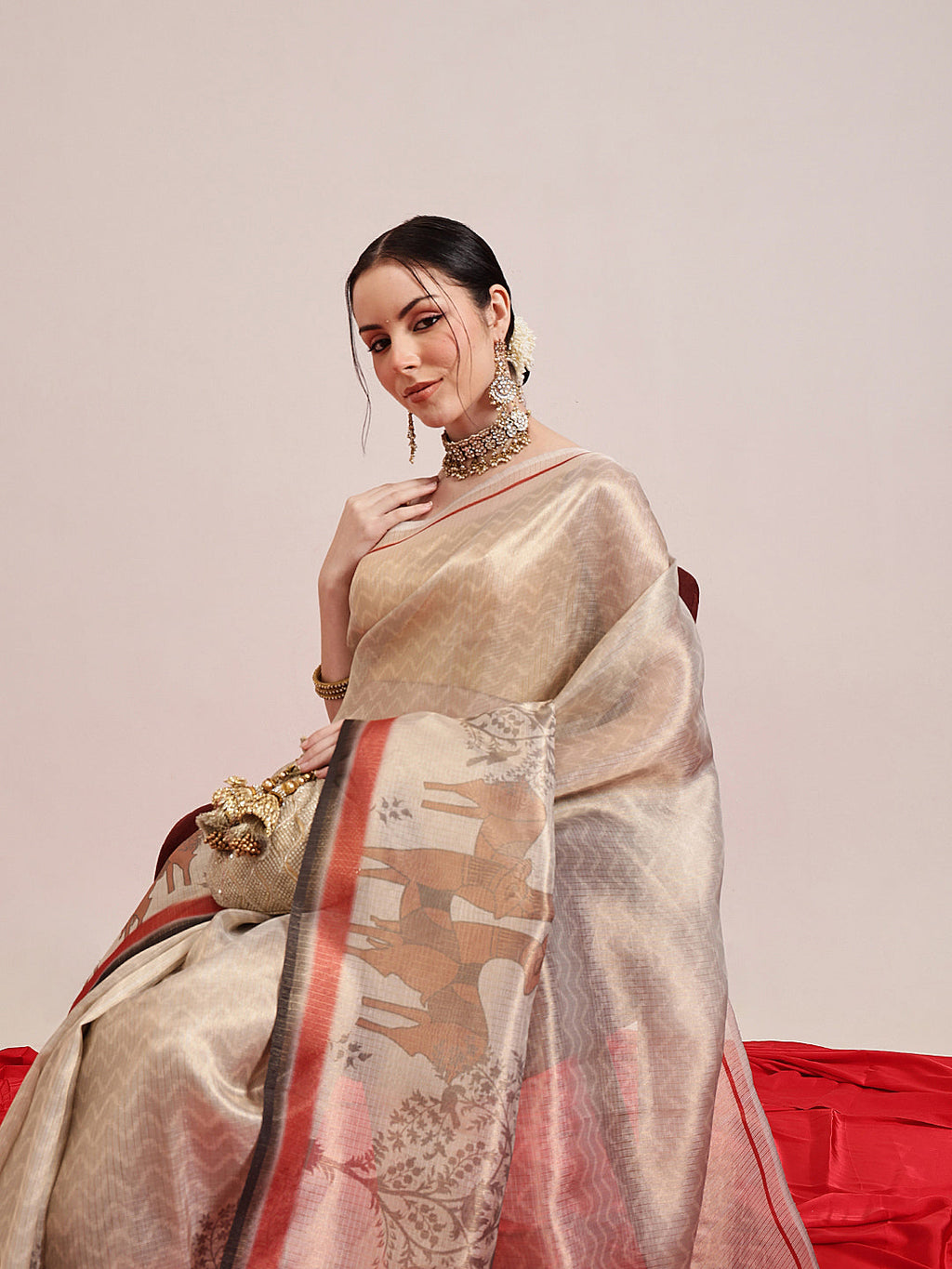 Hiral Fashion Beige Banarasi Cotton Silk Pichwai Digital Printed Saree