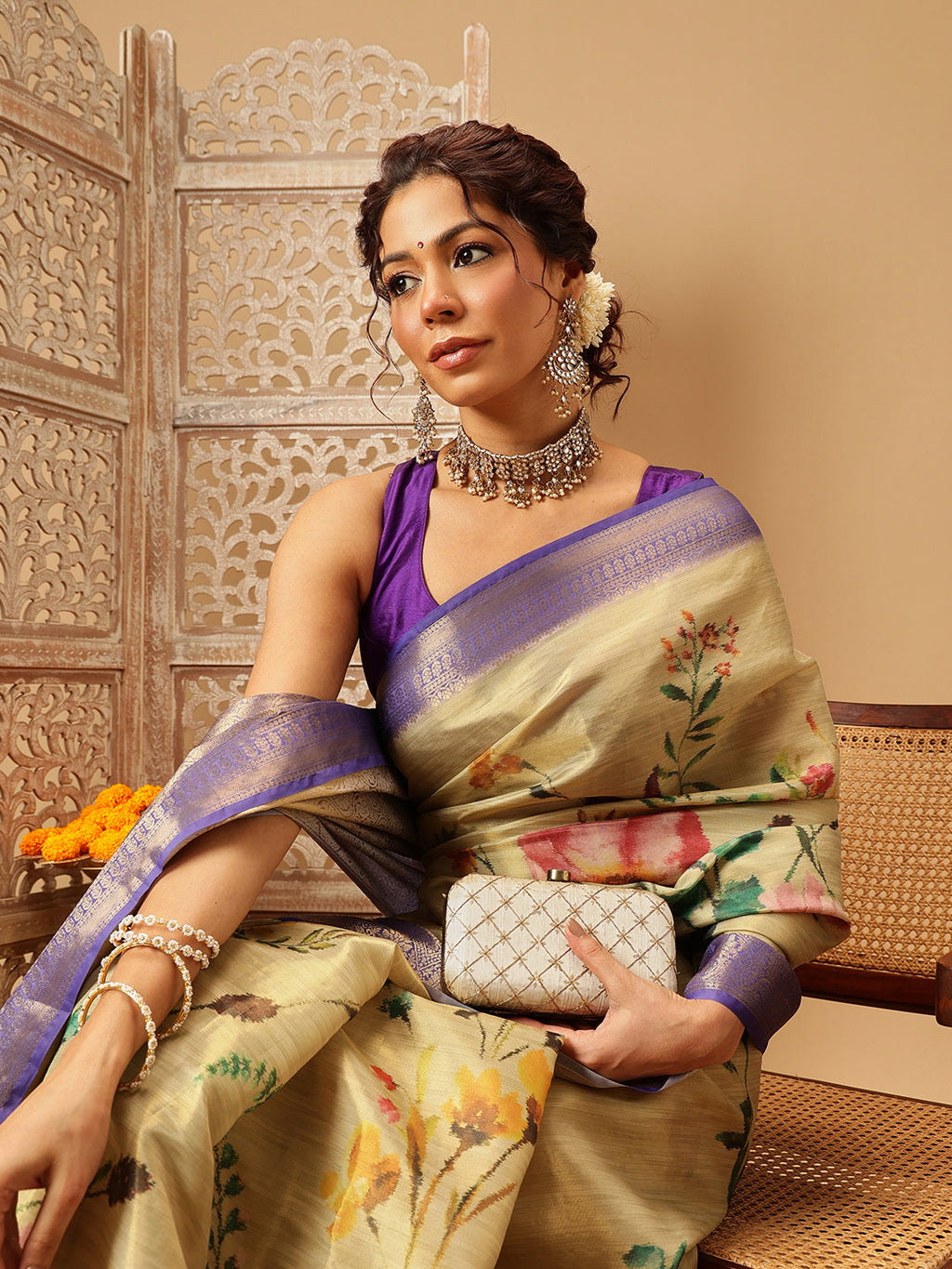 Hiral Fashion Beige Banarasi Tissue Silk Floral Digital Printed Saree