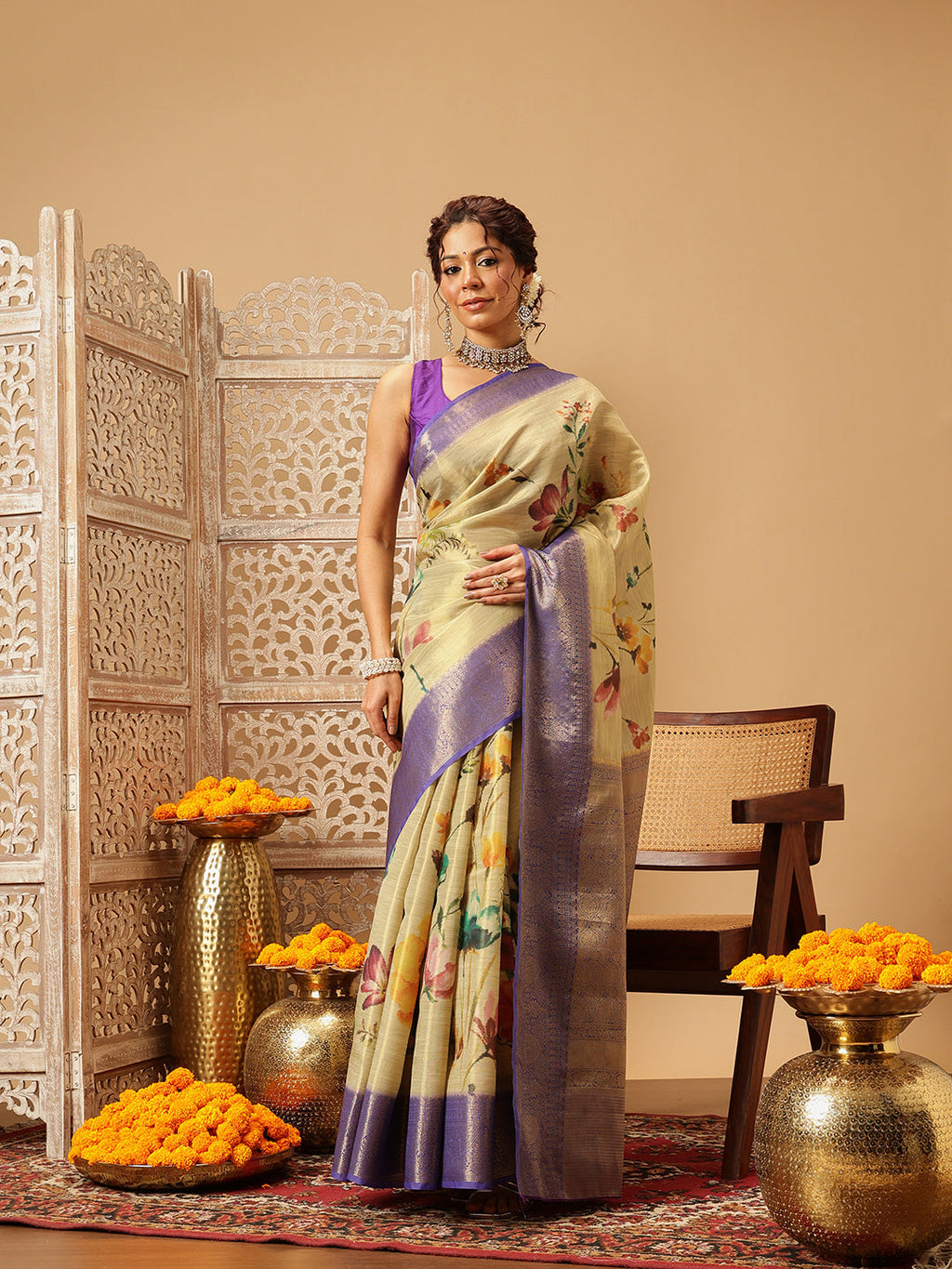 Hiral Fashion Beige Banarasi Tissue Silk Floral Digital Printed Saree