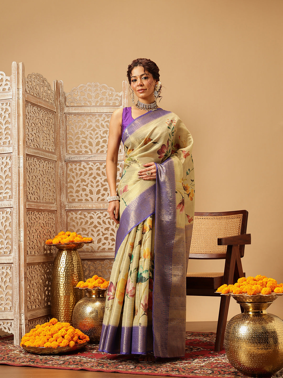 Hiral Fashion Beige Banarasi Tissue Silk Floral Digital Printed Saree