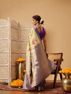 Hiral Fashion Beige Banarasi Tissue Silk Floral Digital Printed Saree