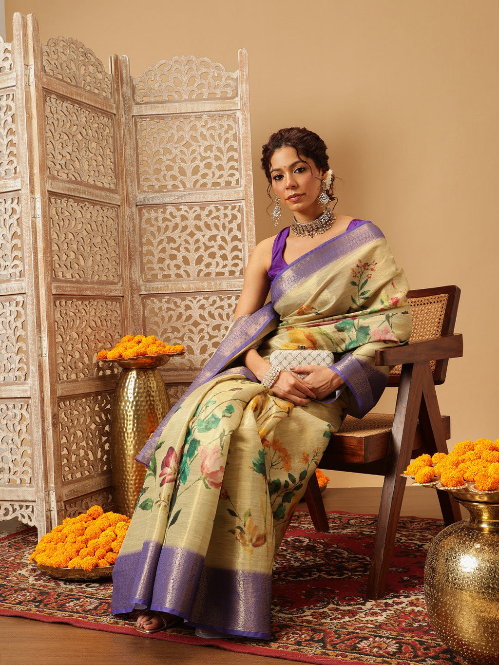 Hiral Fashion Beige Banarasi Tissue Silk Floral Digital Printed Saree