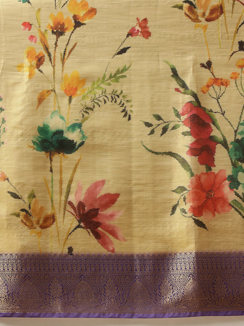 Hiral Fashion Beige Banarasi Tissue Silk Floral Digital Printed Saree