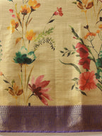 Hiral Fashion Beige Banarasi Tissue Silk Floral Digital Printed Saree