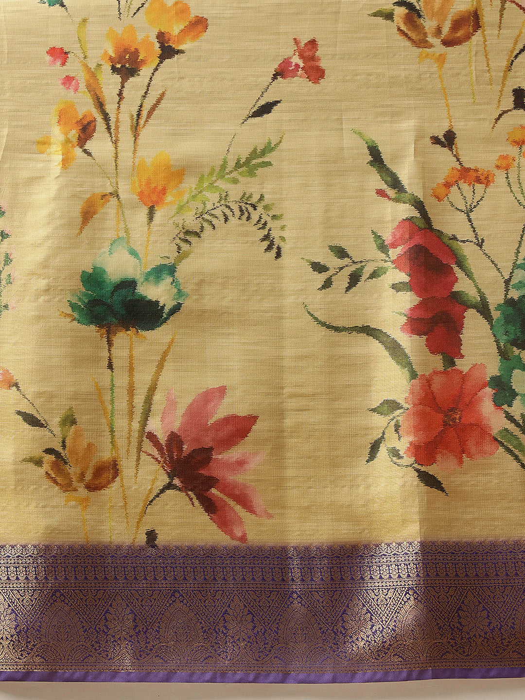 Hiral Fashion Beige Banarasi Tissue Silk Floral Digital Printed Saree