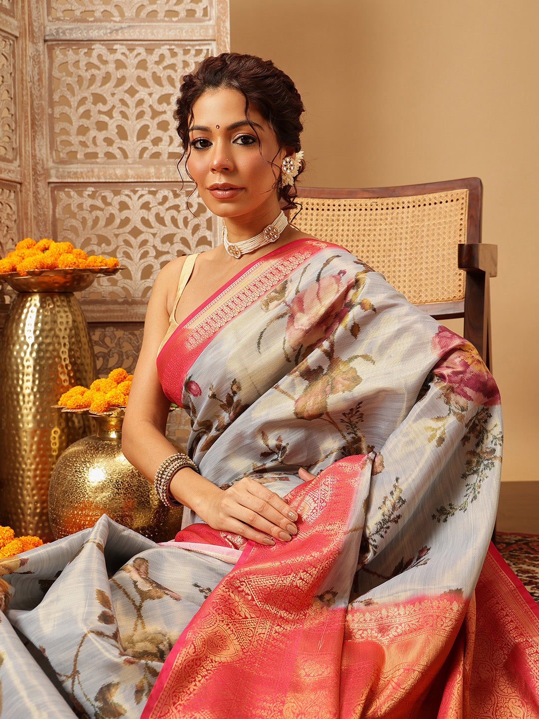 Hiral Fashion Grey Banarasi Tissue Silk Floral Digital Printed Saree