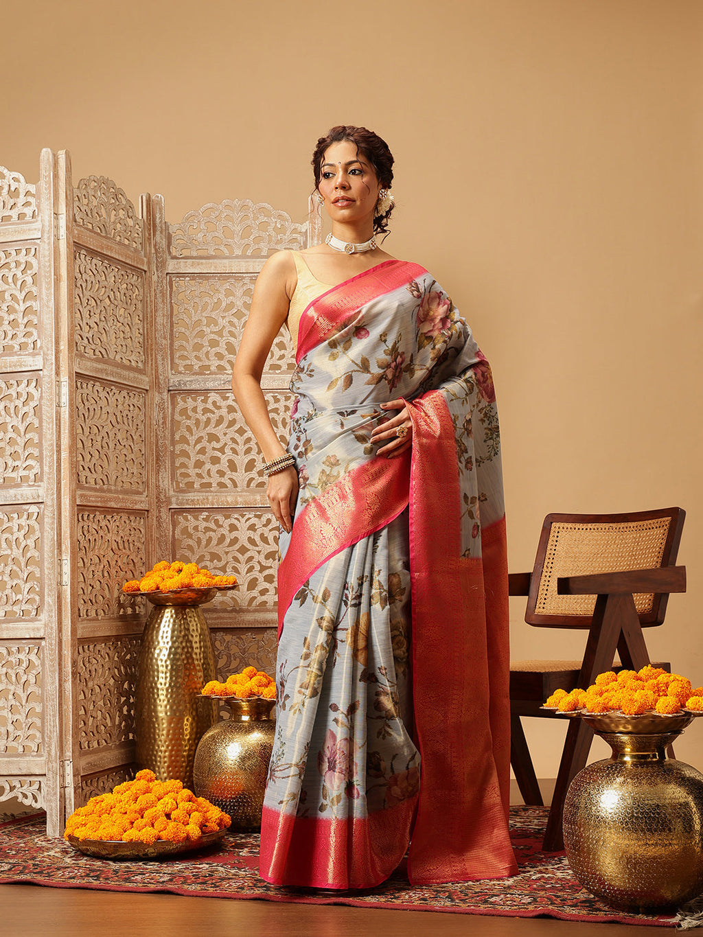 Hiral Fashion Grey Banarasi Tissue Silk Floral Digital Printed Saree